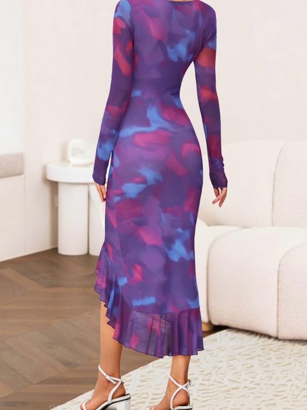Purple Tie-Dye Square Neck Ruffle-Hem Midi Dress - Picture 2 of 3